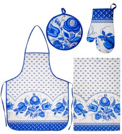 ТК-242 Набор 4 пр. «Фартук, рукавица, прихватка, полотенце» (лен, бело синий)