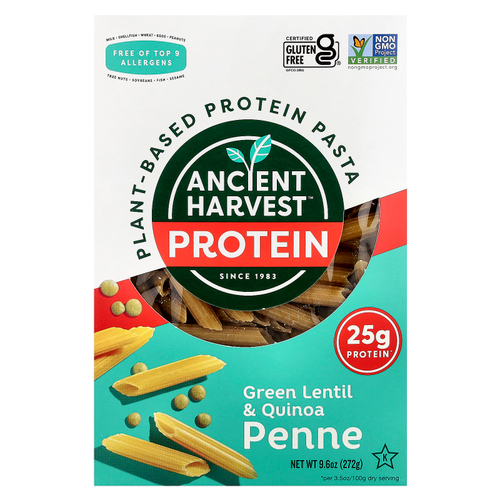 Ancient Harvest, Протеиновая паста на растительной основе, зеленая чечевица и киноа пенне, 272 г (9,6 унции)