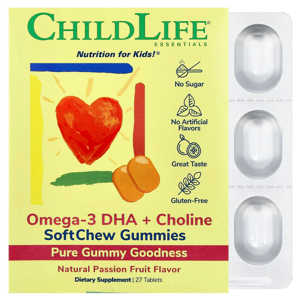ChildLife Essentials, Essentials, омега-3 с ДГК и холином, жевательные таблетки SoftChew Gummies, со вкусом маракуйи, 27 таблеток