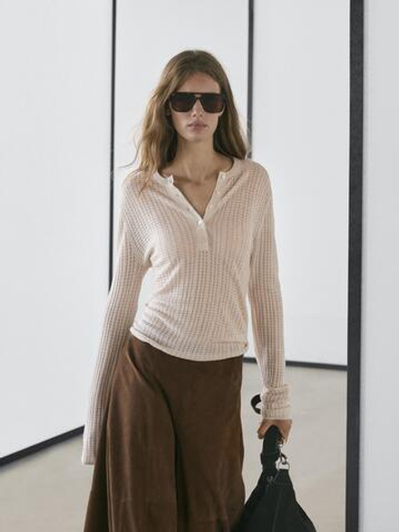 Massimo Dutti Ажурный свитер из смесовой шерсти с короткой планкой на пуговицах, натуральный/кремовый