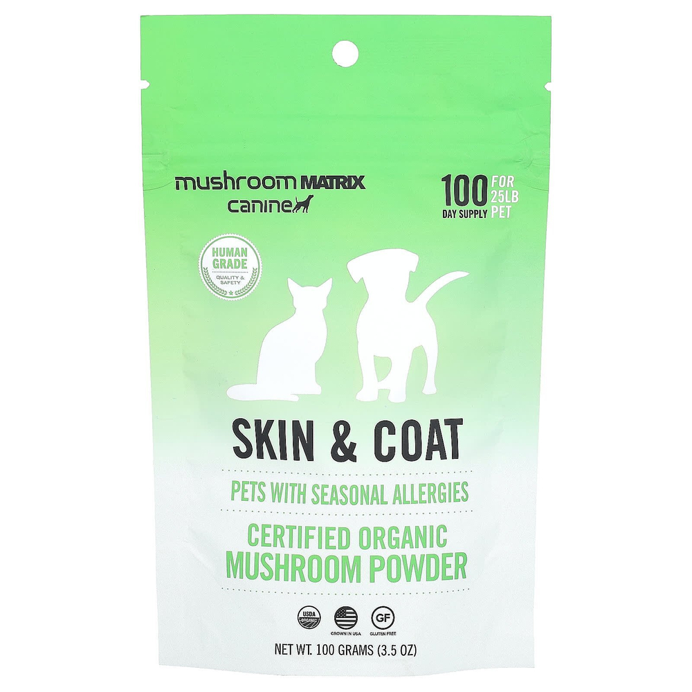 Mushroom Matrix Canine, Skin &coat, сертифицированный органический грибной порошок, для кошек и собак, для домашних животных весом 9 кг (25 фунтов), для собак и кошек, 100 г (3,5 унции)