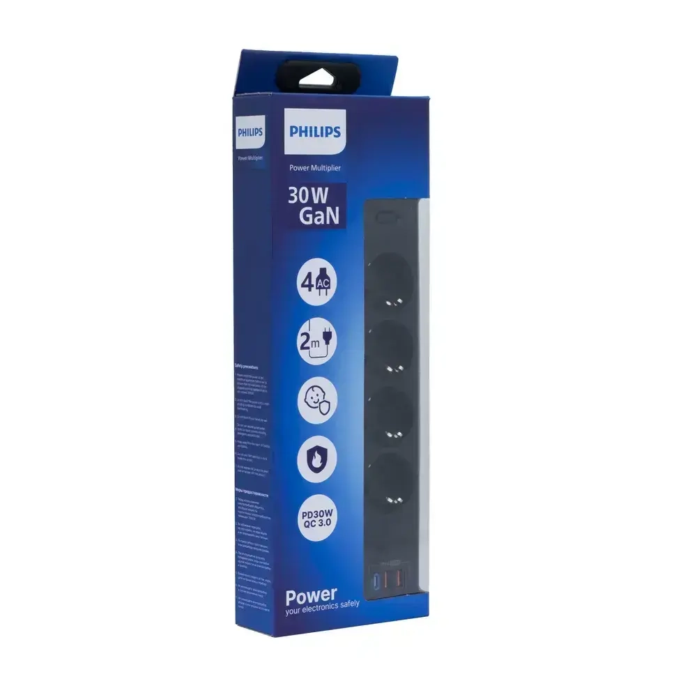 Сетевой фильтр удлинитель Philips CHP8246BA/51 с четырьмя стандартными розетками EU, 2 USB-A, Type-C, с заземлением и защитой от перегрузок, 2 м, черный