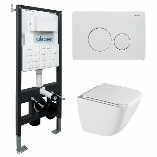 Унитаз подвесной ABBER Rechteck AC1220TC-AC0105-AC0121MW белый/кнопка белая матовая, с крышкой микролифт, с инсталляцией, безободковый, слив-торнадо