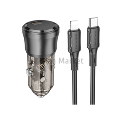 Автомобильное зарядное устройство Borofone BZ24, 1 USB-C, 20W, 3A + кабель Lightning, 1 м, черный прозрачный