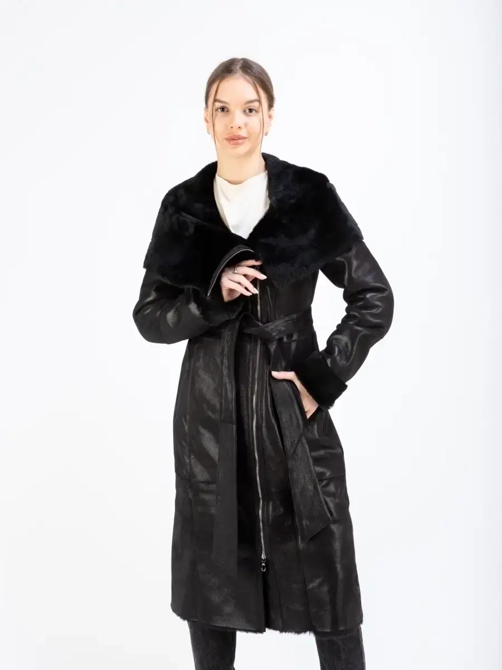 Дубленка женская натуральная длинная с капюшоном Турция