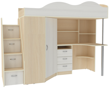 Кровать-чердак КарИВи Пионер  Дуб Молочный Белое Дерево