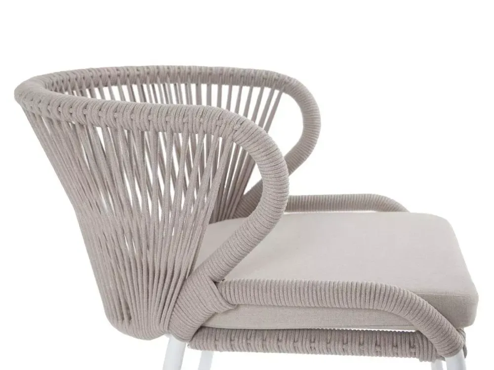 "Милан" стул плетеный из роупа, каркас алюминий белый муар, роуп бежевый круглый, ткань бежевая 035
