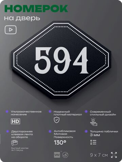 Номерок на дверь квартиры 594, для кабинета, офиса, шильдик 9 х 7 см, черный, Айдентика Технолоджи