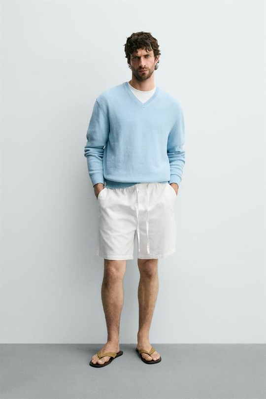 ZARA ШОРТЫ REGULAR FIT ИЗ ХЛОПКА И ЛИОЦЕЛЛА, ЖЕЛТОВАТО-БЕЛЫЙ
