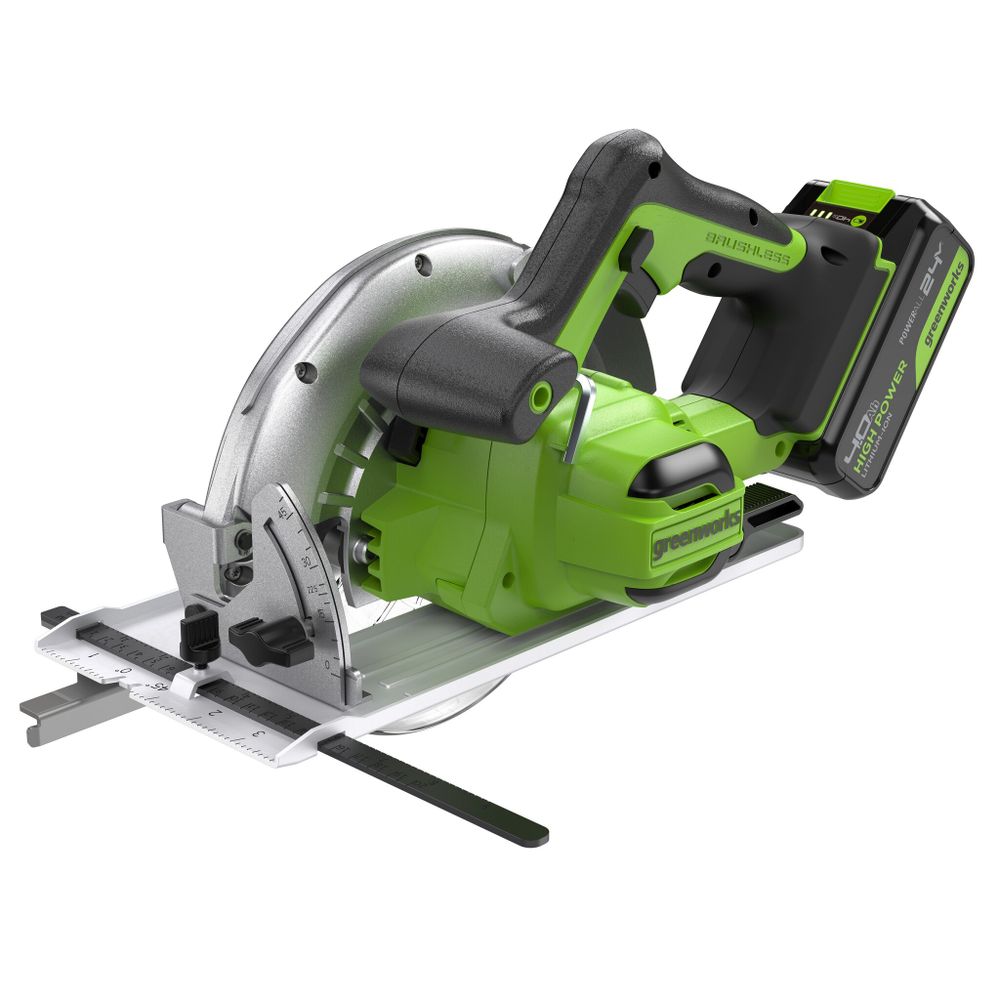 Дисковая пила акк. Greenworks GD24CS, 24V,б/щет,185х20мм, 4500 об/мин, рез 63мм,1х4Ач,ЗУ,кор (1500907CUB)