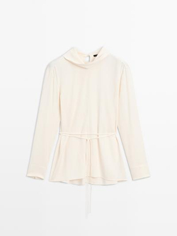 Massimo Dutti Блуза с длинными рукавами и шнурком, натуральный, кремовый