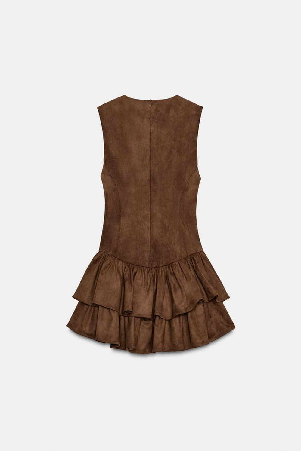 ZARA КОРОТКОЕ ПЛАТЬЕ ИЗ ИСКУССТВЕННОЙ ЗАМШИ С ВОЛАНАМИ, ТЕМНО-КОРИЧНЕВЫЙ