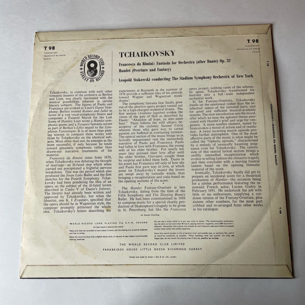 Винтажная виниловая пластинка LP Чайковский, Leopold Stokowski, The Stadium Symphony Orchestra Of New York, Гамлет Hamlet (Overture And Fantasy) (Англия 1967)
