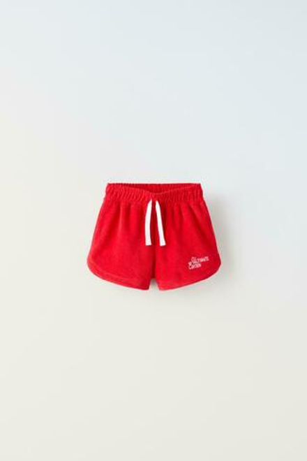 ZARA КОМПЛЕКТ ИЗ ФУТБОЛКИ И ШОРТОВ ИЗ МАХРОВОЙ ТКАНИ, ЯРКИЙ КРАСНЫЙ