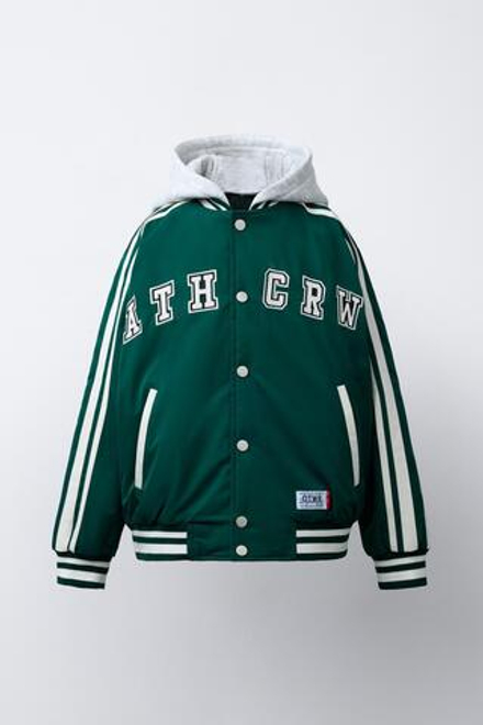 ZARA СТЕГАНЫЙ БОМБЕР В СТИЛЕ VARSITY СО СЪЕМНЫМ КАПЮШОНОМ, ЗЕЛЕНЫЙ