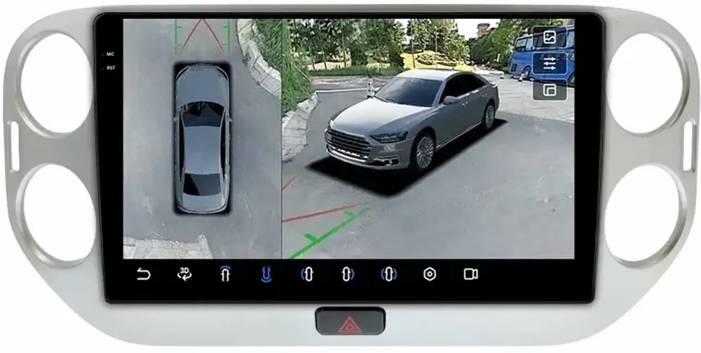 Магнитола для Volkswagen Tiguan 1 2007-2016, Golf Plus (рамка 10 серебро, любая кнопка) - FarCar BX10-360-8008S10 монитор 10.36" 2K QLED на Android 13, 6Гб+128Гб, CarPlay, 4G SIM-слот, 4 камеры в комплекте