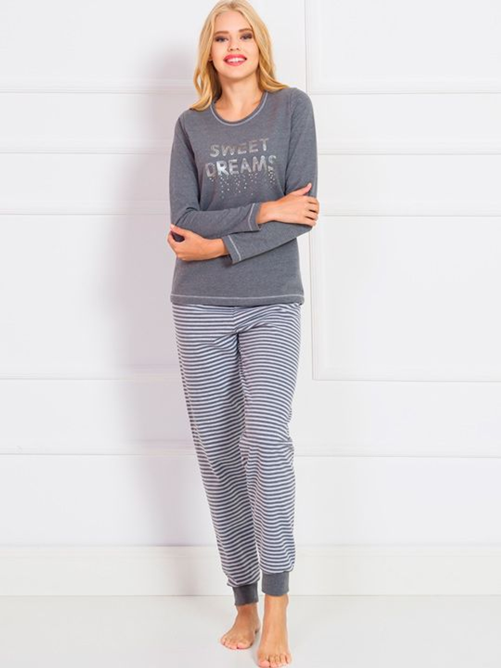 Женский комплект с полосатыми брюками (Размер: S) (Цвет: темно-серый)