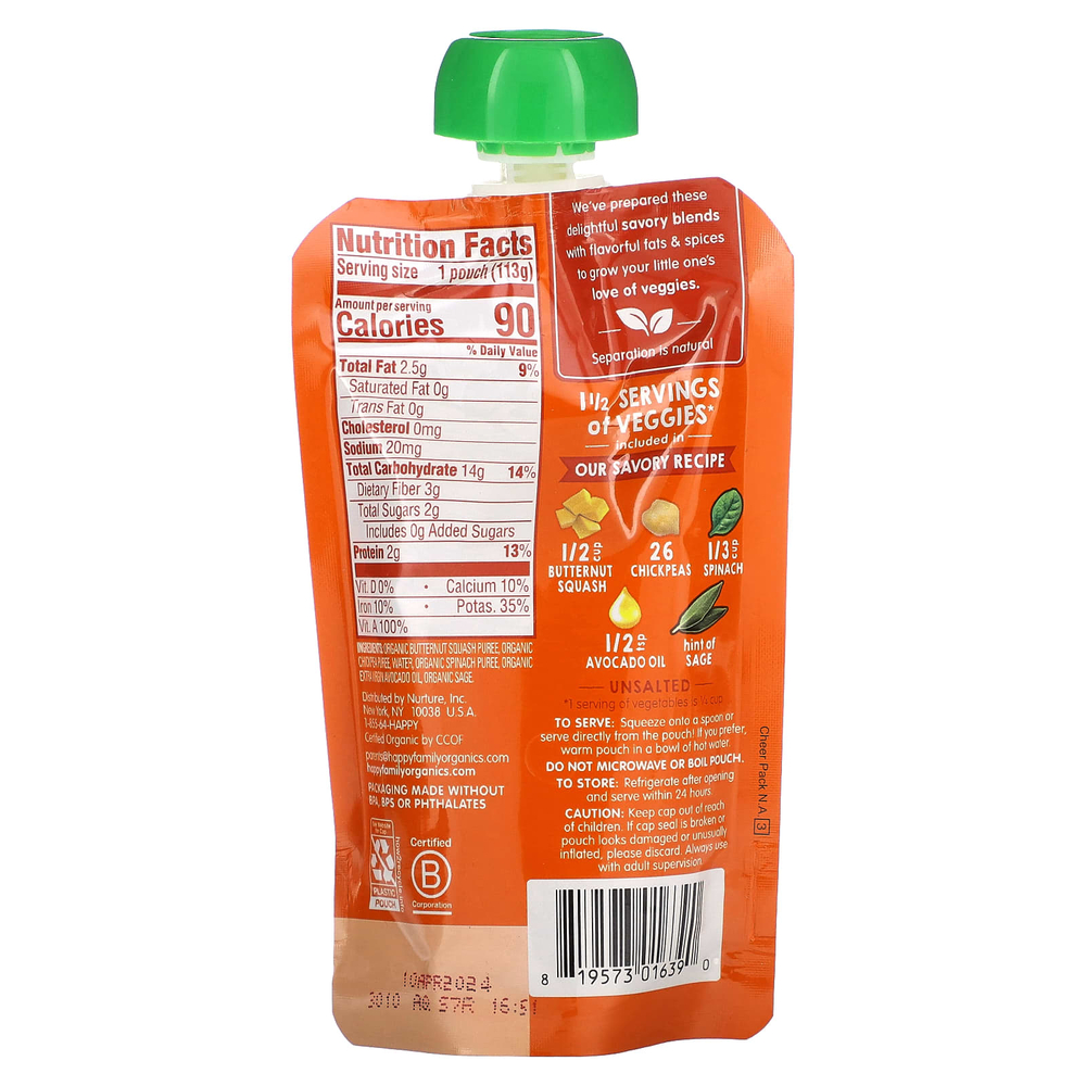 Happy Family Organics, Happy Baby®, органическая тыква, нут и шпинат, для детей от 6 месяцев, 113 г (4 унции)