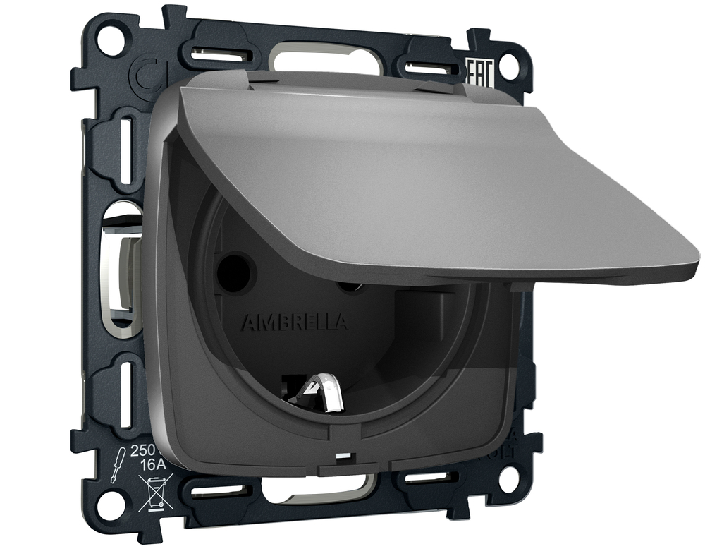 MO658010 Комплект механизма электрической розетки OMEGA Антрацит серый с/з с шторками и крышкой IP44 QUANT (OP6580, VM141)