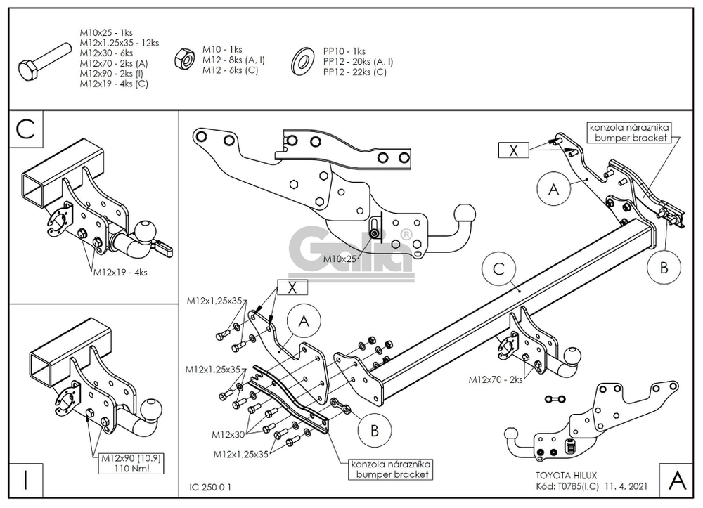 Фаркоп оцинкованный Galia T078A для TOYOTA HILUX, PICK UP, 2015-(паспорт и сертификат в комплекте)(без электрики)