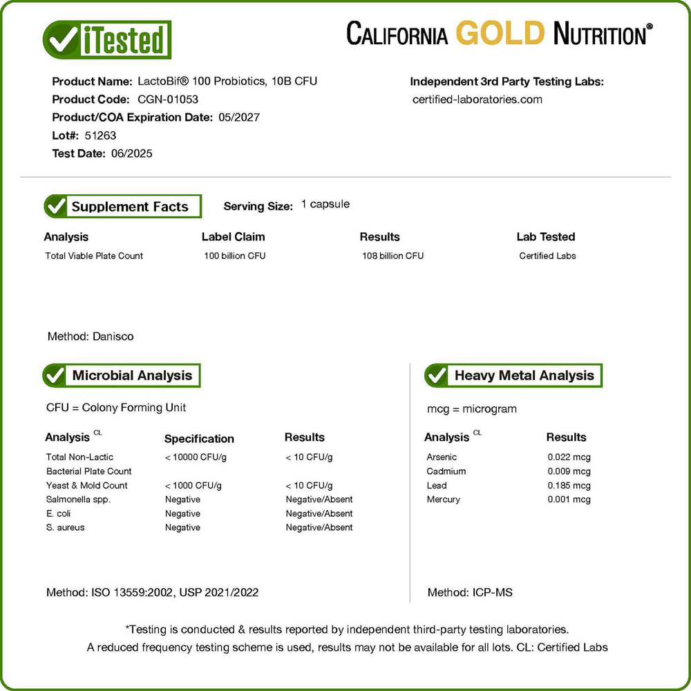 California Gold Nutrition, LactoBif® 100, пробиотики, 100 млрд КОЕ, 30 растительных капсул