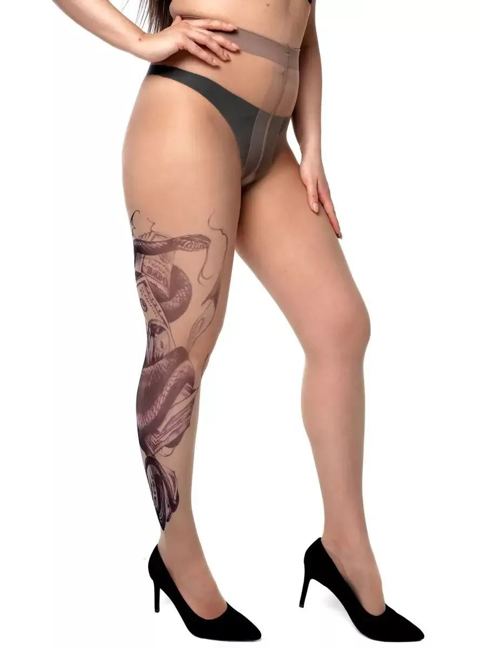 Колготки +size с имитацией тату в виде змеи (Размер: XL-XXL-XXXL) (Цвет: бежевый)