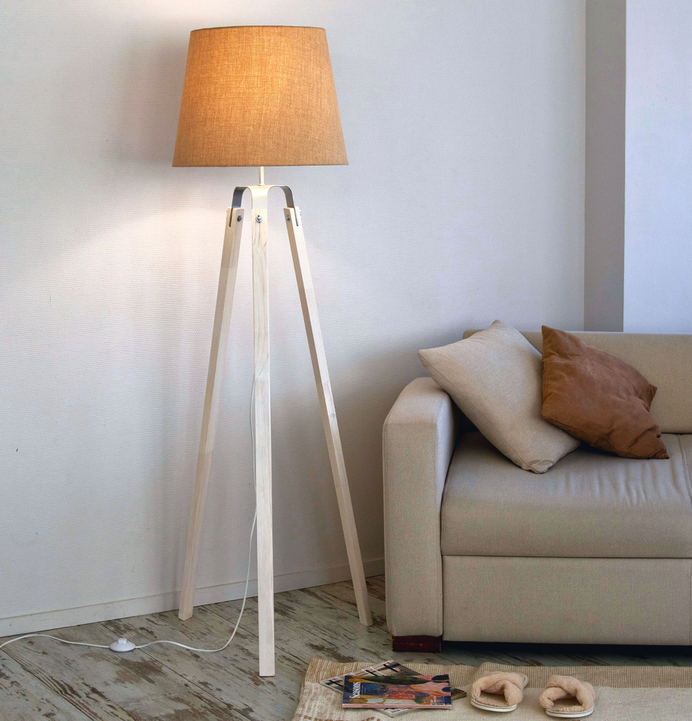 Торшер напольный коричневый с горчичным абажуром в стиле лофт, светильник напольный классический, Фьорд, E27, 60 Вт