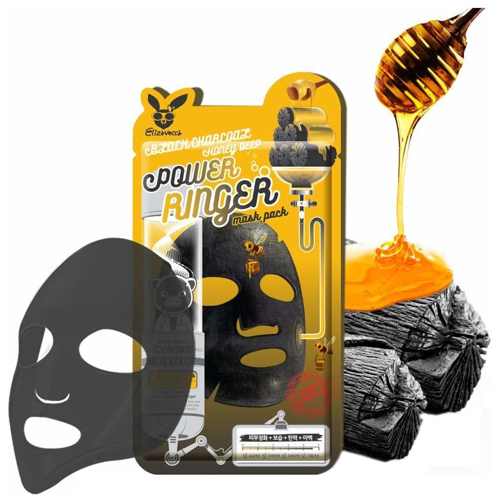 Маска для лица Elizavecca Black Charcoal Honey Deep Power Ringer тканевая Древесный уголь 23 мл