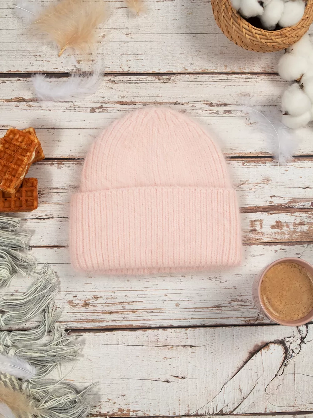 шапка вязаная бини ангора теплая демисезонная с отворотом