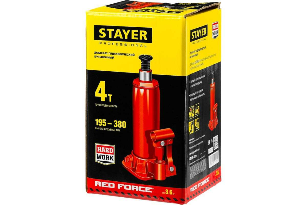 Гидравлический бутылочный домкрат STAYER RED FORCE, 4т, 195-380 мм, 43160-4 43160-4_z01