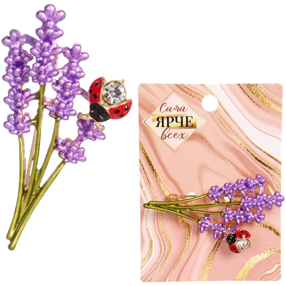Брошь «GOLD Podarok», Веточка лаванды с божьей коровкой, цвет как на фото, 5.2*2.5см (символ Любви и Нежности)