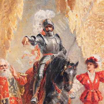 Рыцарь, вызывающий на дуэль на турнире. Доска, масло. Франция, XIX в.