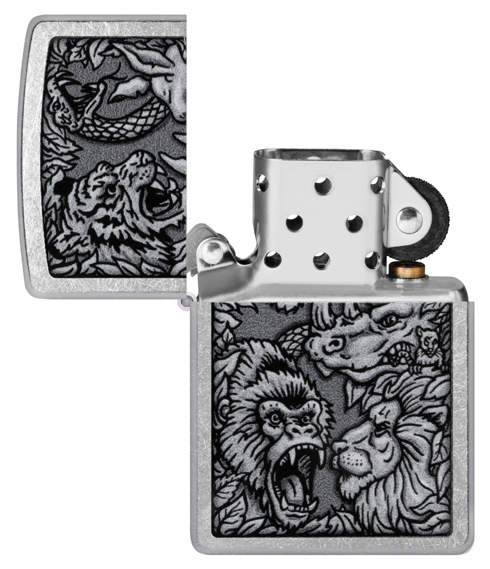 Зажигалка Zippo Jungle Design с покрытием Street Chrome, латунь/сталь, серебристая, 38x13x57 мм