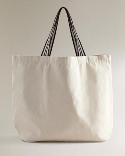 ZARA HOME ДВУСТОРОННЯЯ ПОЛОСАТАЯ ТКАНЕВАЯ СУМКА-ШОППЕР, ЭКРЮ