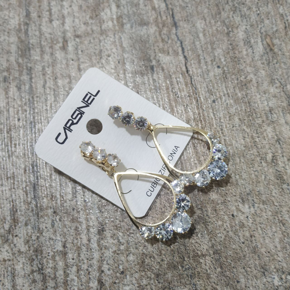 Серьги-гвоздики Cubic Zirconia 3 круга подвеска капля 5 кристаллов цвет прозрачный металл золотистый