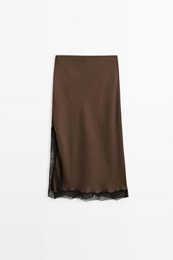 Massimo Dutti Юбка миди с кружевной отделкой, коричневый