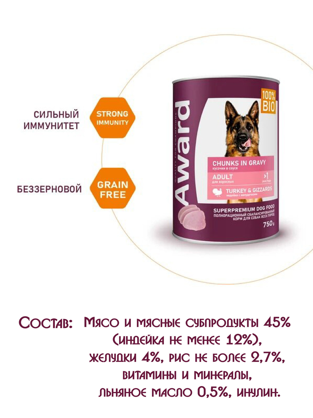 Влажный корм для взрослых собак кусочки индейки с желудочками 750г