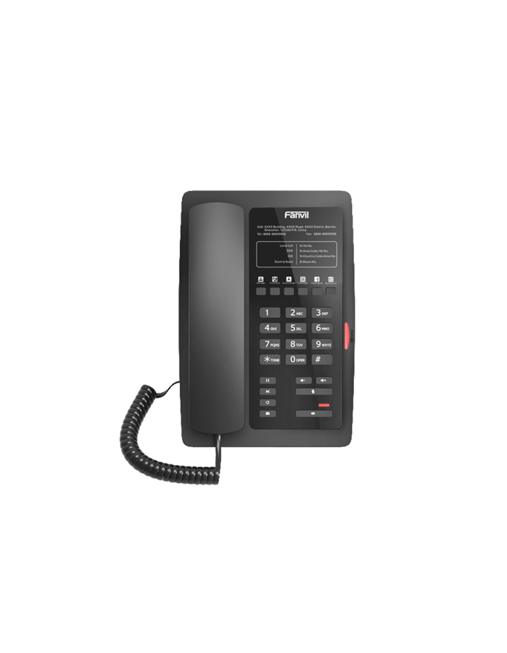 Fanvil H3 Black Hotel phone, 1 USB Port for phone charging, 6 Soft keys programmable service hotline, PoE, HD Voice, PSU