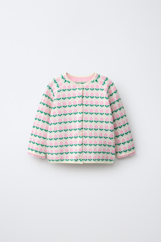 ZARA ЖАККАРДОВЫЙ КАРДИГАН С ЦВЕТОЧНЫМ ПРИНТОМ, ЭКРЮ