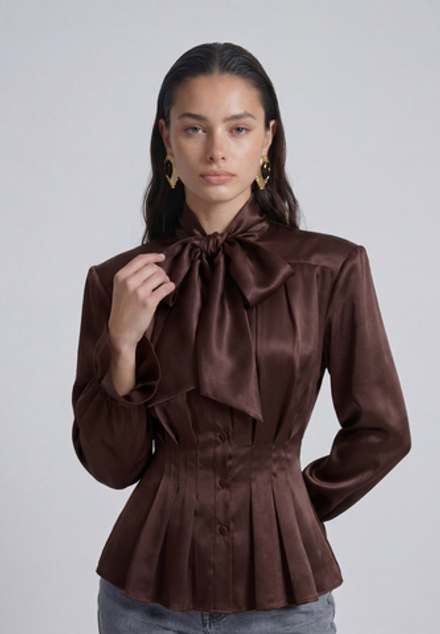 Блуза с бантом приталенная