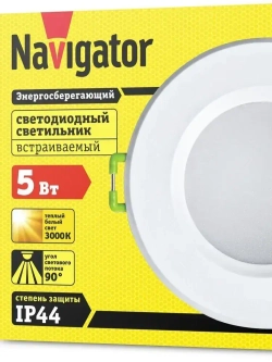 Светильник светодиодный встраиваемый IP44 5 Вт, 3000К, d83 (аналог R50 40 Вт) Downlight симметричный 176-264В пластик белый Navigator NDL-P1-5W-830-WH-LED 94820