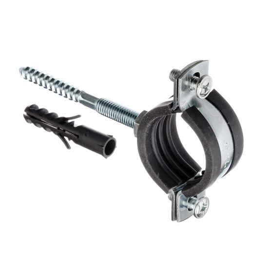 Хомут металлический с гайкой, шпилька с дюбелем