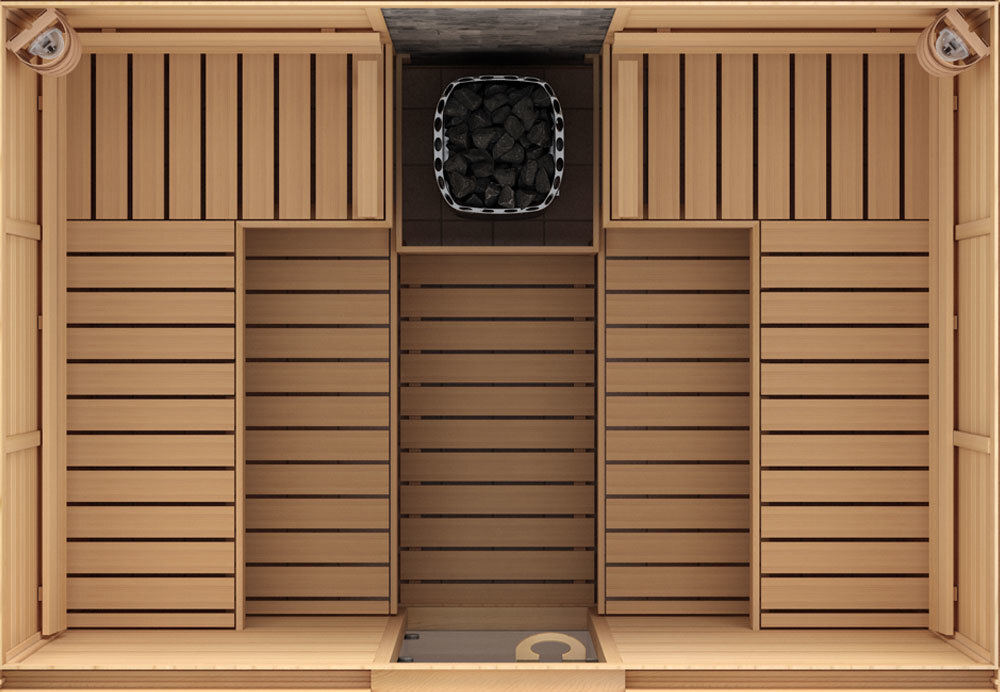 Сауна в сборе SAWO 1414RS-CS-G (1,4м х 1,4м, ель, полностью стеклянная стена, дизайн Classic, правая)