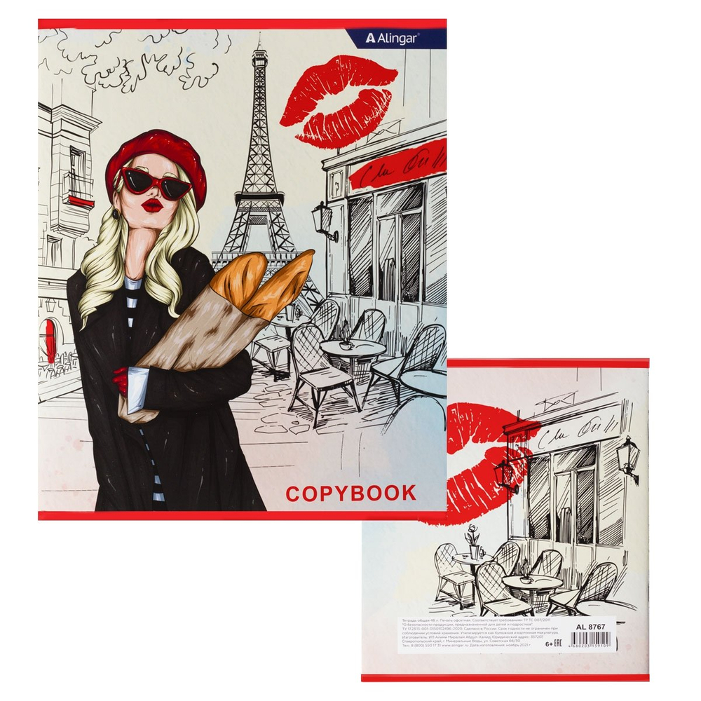 Тетрадь 48л., А5, клетка, Alingar "Girls in the city", скрепка, мелованный картон (стандарт), выб УФ лак, блок офсет, 4 дизайна в пленке т/у