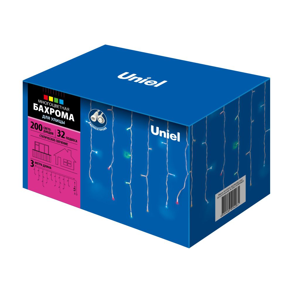 ULD-B3010-200-SWK MULTI IP67 Бахрома светодиодная со статическим свечением. 3м. Соединяемая. 200 светодиодов. Разноцветный свет. Провод белый. TM Uniel.