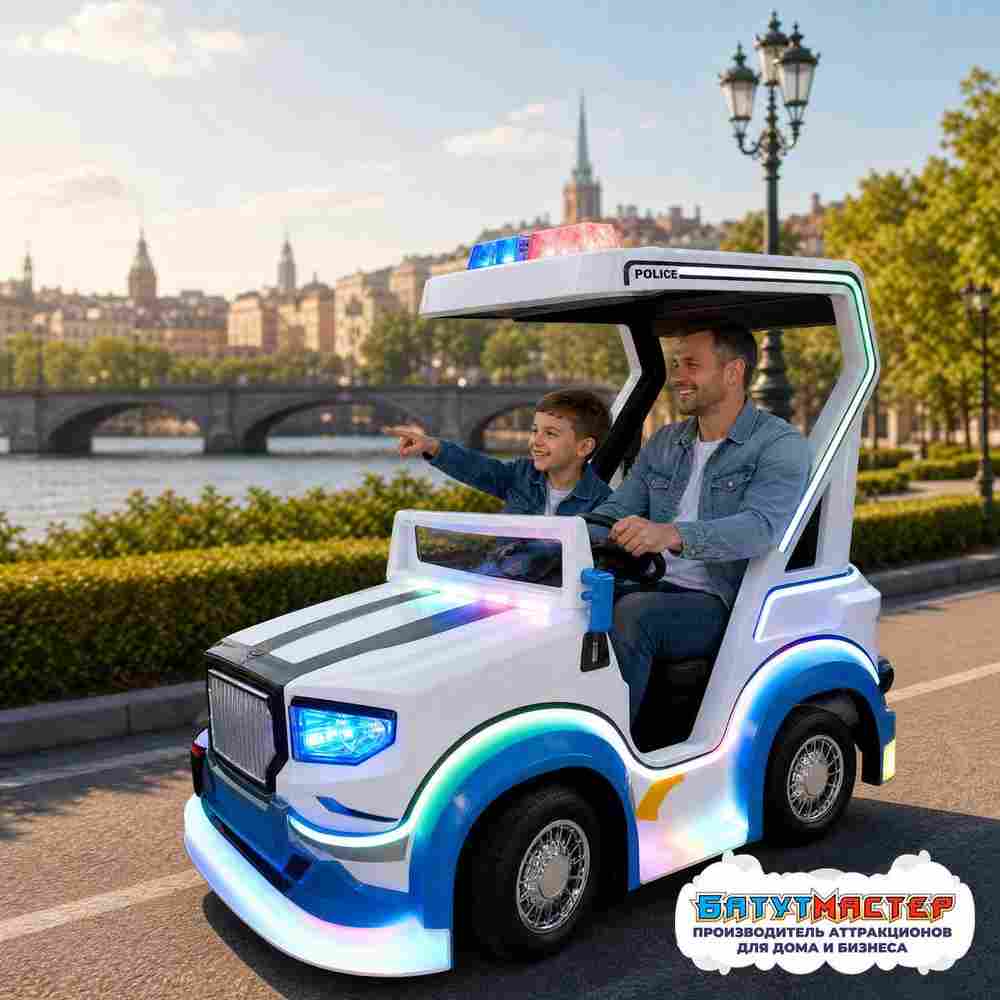 Детский электромобиль «Капитан Мигалка», стеклопластик, LED, 1,83×1,1×1,55 м
