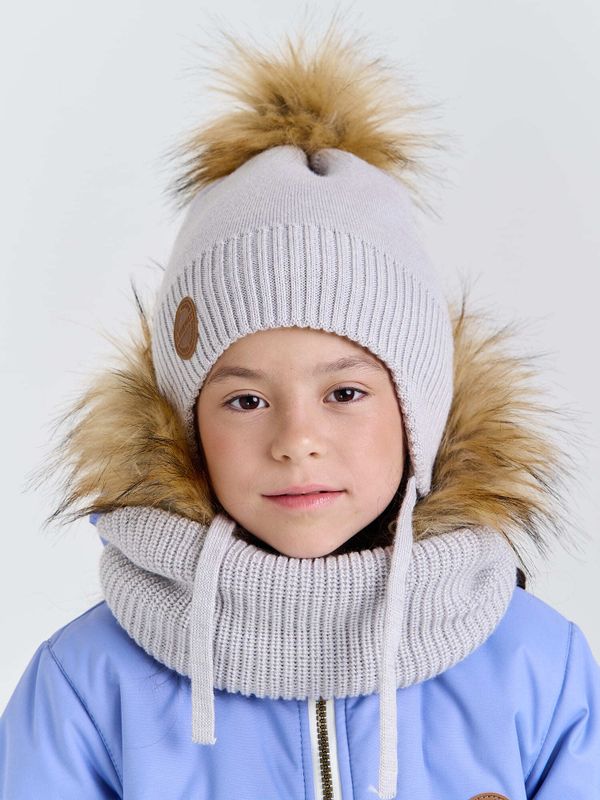 Шапка зимняя из смесовой шерсти с меховым помпоном 