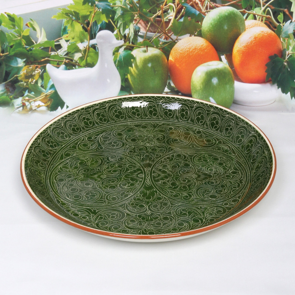 Ляган плоский 38см зеленый Риштанская Керамика
