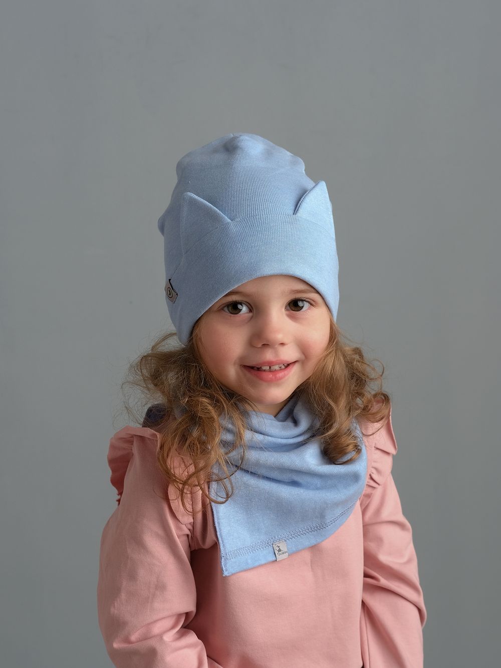 Комплект Шапка трикотажная+снуд (Голубой меланж) с ушками КИС*