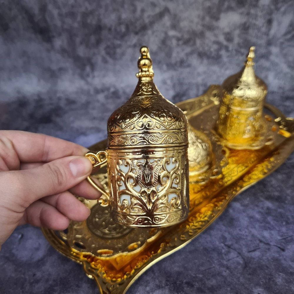 Кофейный набор "Купол" на 2 персоны с лукумницей и подносом/ACAR. Турция (золотистый)